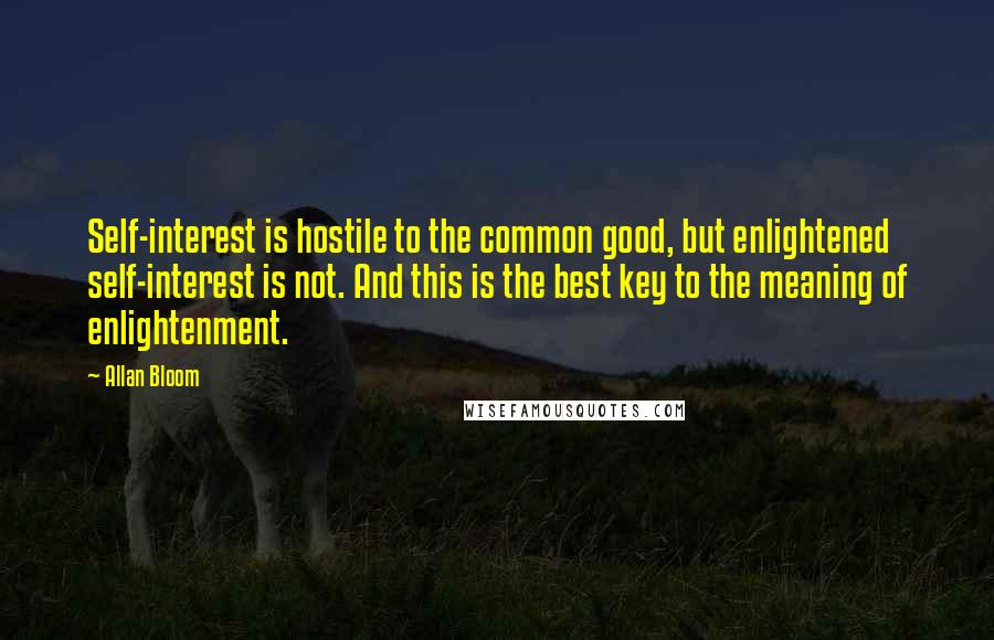 Allan Bloom Quotes: Self-interest is hostile to the common good, but enlightened self-interest is not. And this is the best key to the meaning of enlightenment.