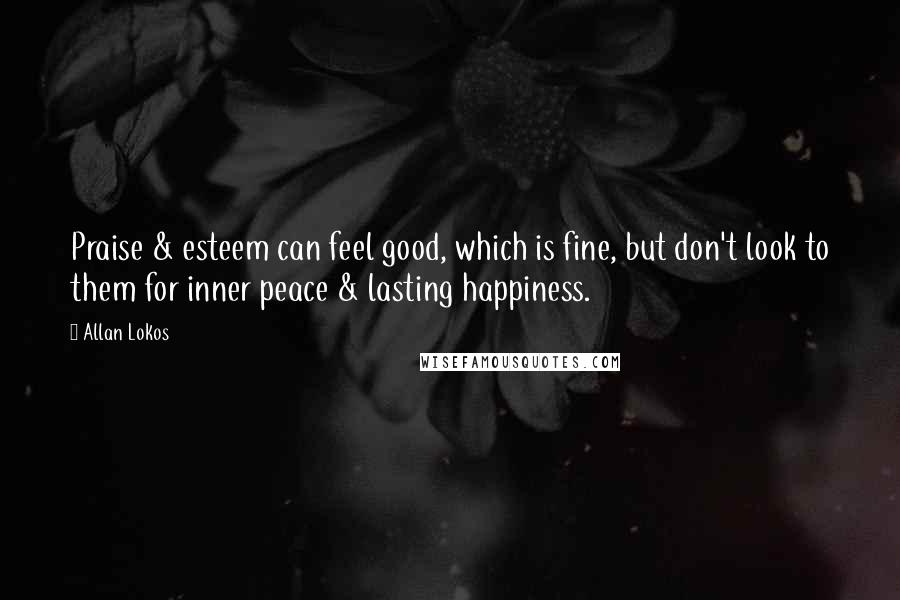 Allan Lokos Quotes: Praise & esteem can feel good, which is fine, but don't look to them for inner peace & lasting happiness.