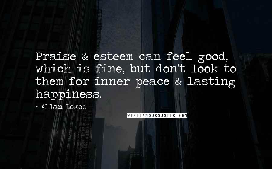 Allan Lokos Quotes: Praise & esteem can feel good, which is fine, but don't look to them for inner peace & lasting happiness.