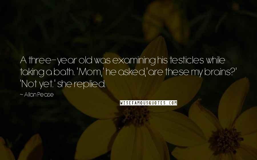 Allan Pease Quotes: A three-year old was examining his testicles while taking a bath. 'Mom,' he asked,'are these my brains?' 'Not yet.' she replied.