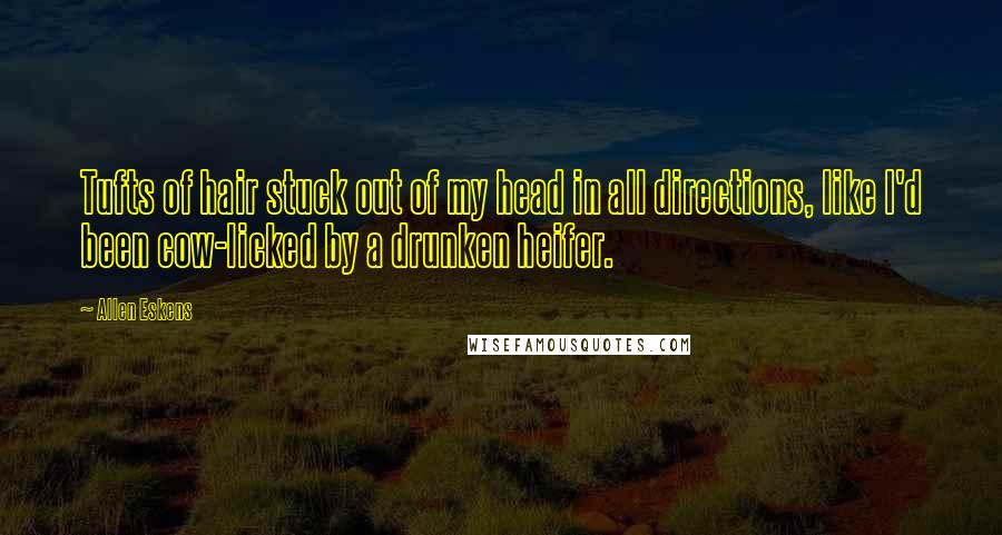 Allen Eskens Quotes: Tufts of hair stuck out of my head in all directions, like I'd been cow-licked by a drunken heifer.