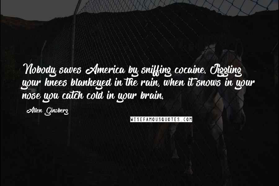 Allen Ginsberg Quotes: Nobody saves America by sniffing cocaine. Jiggling your knees blankeyed in the rain, when it snows in your nose you catch cold in your brain.