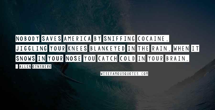 Allen Ginsberg Quotes: Nobody saves America by sniffing cocaine. Jiggling your knees blankeyed in the rain, when it snows in your nose you catch cold in your brain.