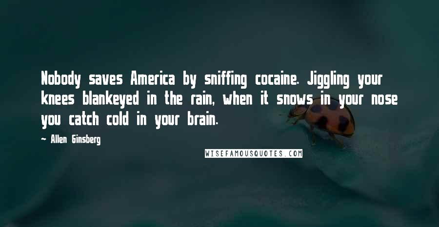 Allen Ginsberg Quotes: Nobody saves America by sniffing cocaine. Jiggling your knees blankeyed in the rain, when it snows in your nose you catch cold in your brain.