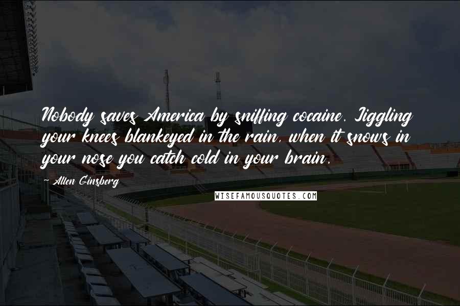 Allen Ginsberg Quotes: Nobody saves America by sniffing cocaine. Jiggling your knees blankeyed in the rain, when it snows in your nose you catch cold in your brain.