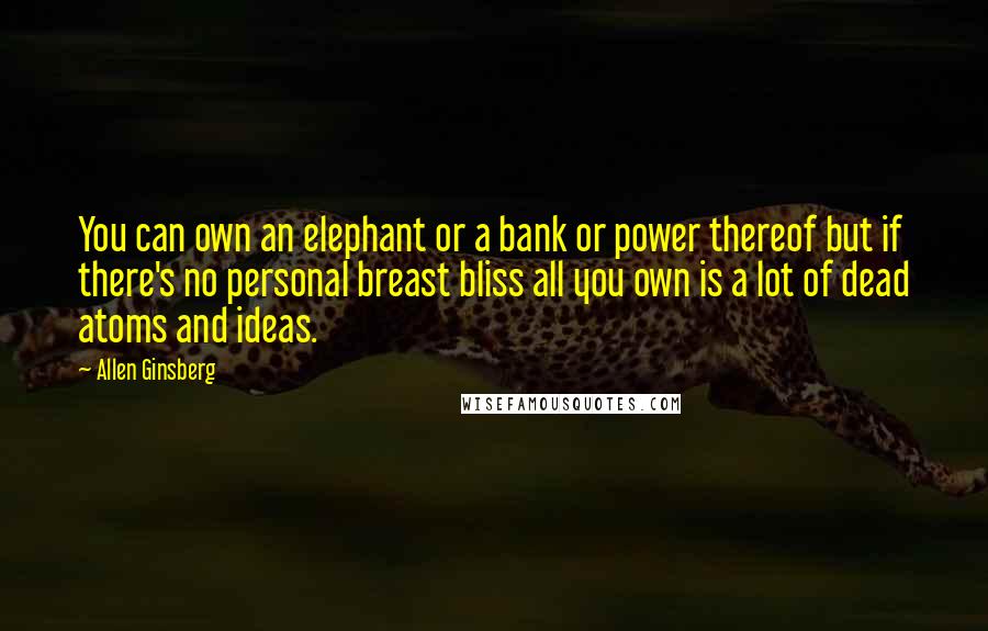 Allen Ginsberg Quotes: You can own an elephant or a bank or power thereof but if there's no personal breast bliss all you own is a lot of dead atoms and ideas.