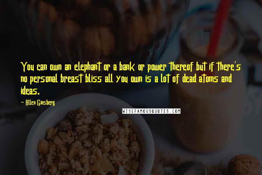 Allen Ginsberg Quotes: You can own an elephant or a bank or power thereof but if there's no personal breast bliss all you own is a lot of dead atoms and ideas.