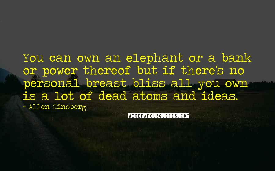 Allen Ginsberg Quotes: You can own an elephant or a bank or power thereof but if there's no personal breast bliss all you own is a lot of dead atoms and ideas.