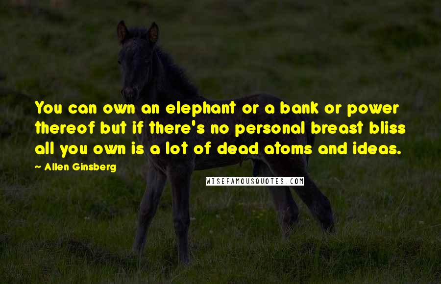 Allen Ginsberg Quotes: You can own an elephant or a bank or power thereof but if there's no personal breast bliss all you own is a lot of dead atoms and ideas.