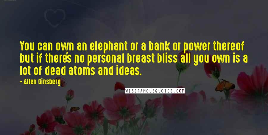 Allen Ginsberg Quotes: You can own an elephant or a bank or power thereof but if there's no personal breast bliss all you own is a lot of dead atoms and ideas.