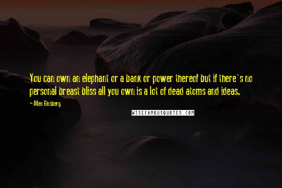 Allen Ginsberg Quotes: You can own an elephant or a bank or power thereof but if there's no personal breast bliss all you own is a lot of dead atoms and ideas.