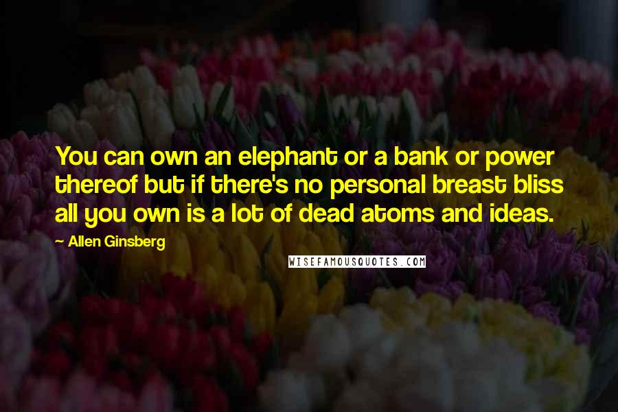 Allen Ginsberg Quotes: You can own an elephant or a bank or power thereof but if there's no personal breast bliss all you own is a lot of dead atoms and ideas.