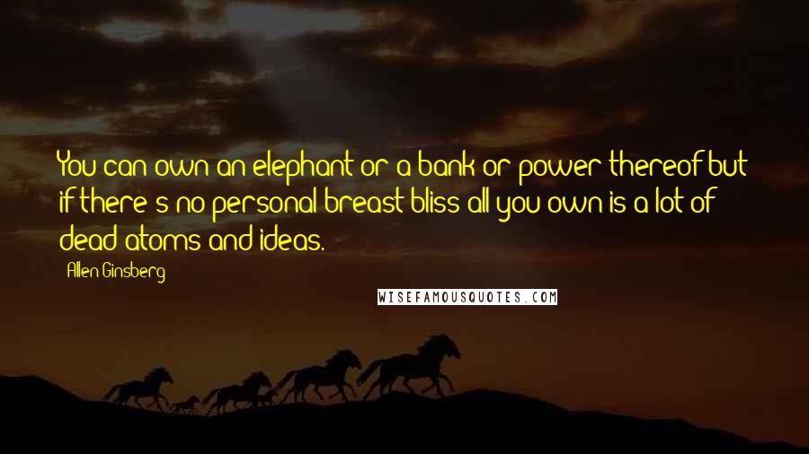 Allen Ginsberg Quotes: You can own an elephant or a bank or power thereof but if there's no personal breast bliss all you own is a lot of dead atoms and ideas.