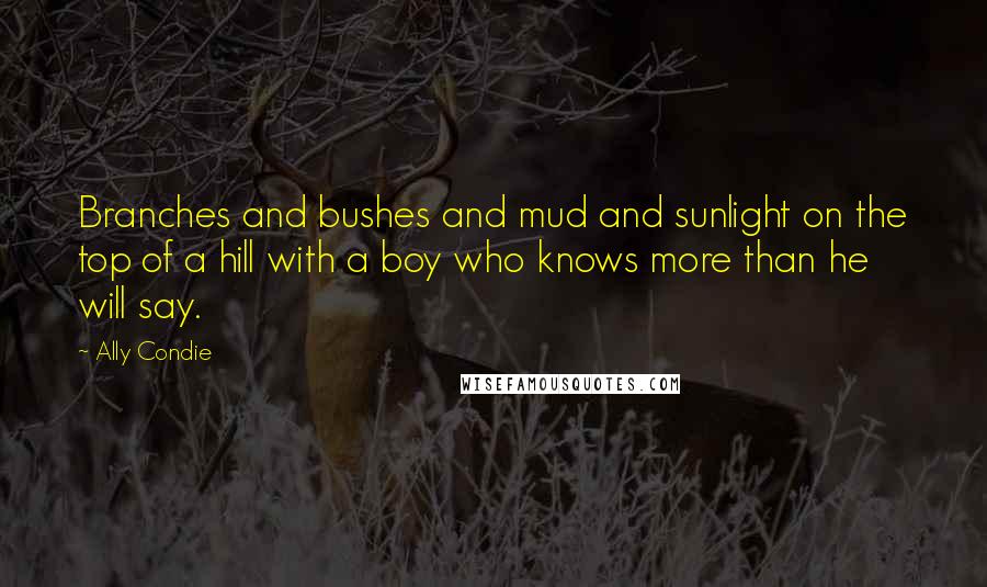 Ally Condie Quotes: Branches and bushes and mud and sunlight on the top of a hill with a boy who knows more than he will say.