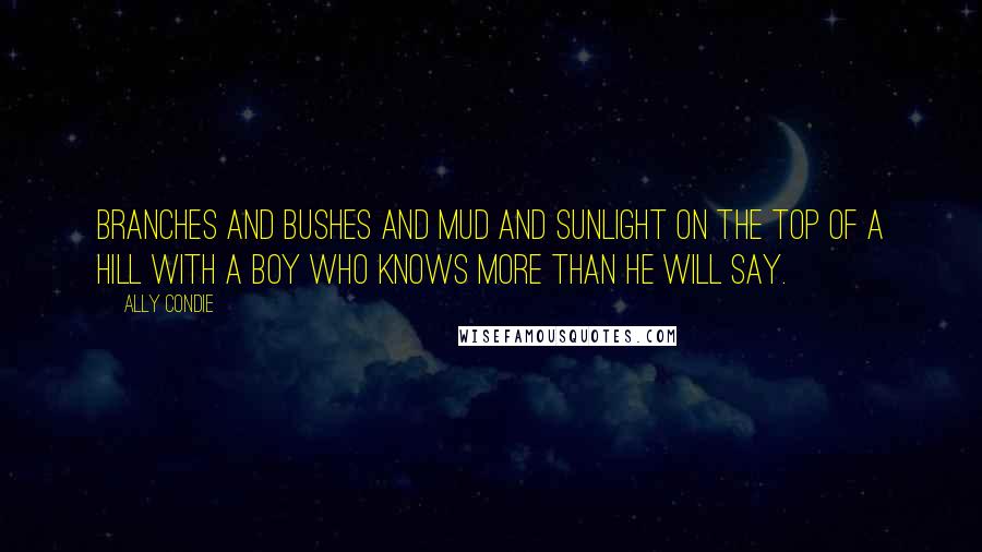Ally Condie Quotes: Branches and bushes and mud and sunlight on the top of a hill with a boy who knows more than he will say.