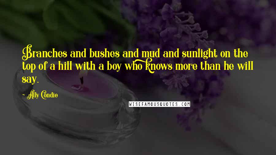 Ally Condie Quotes: Branches and bushes and mud and sunlight on the top of a hill with a boy who knows more than he will say.