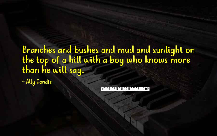 Ally Condie Quotes: Branches and bushes and mud and sunlight on the top of a hill with a boy who knows more than he will say.