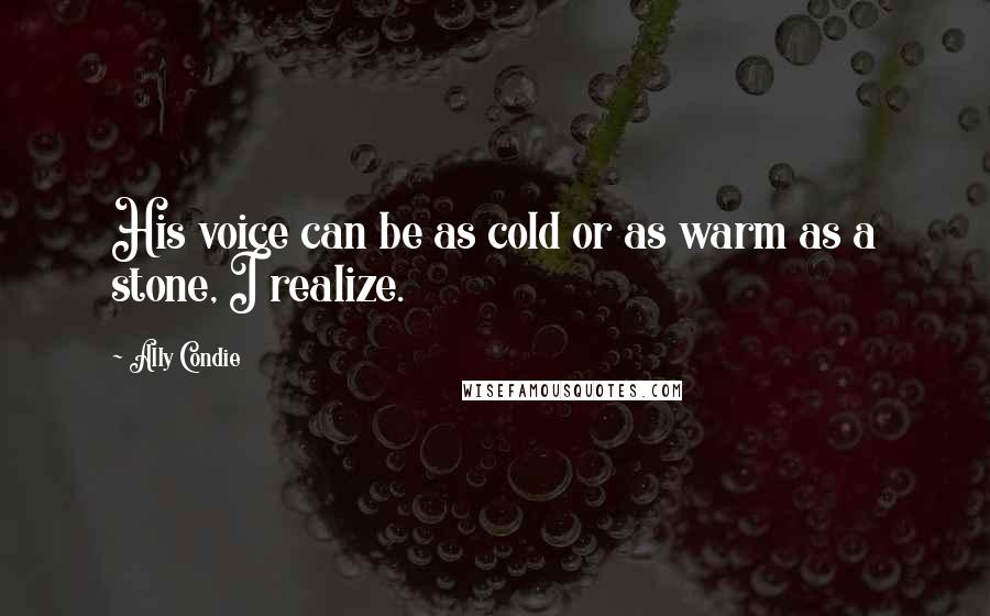 Ally Condie Quotes: His voice can be as cold or as warm as a stone, I realize.