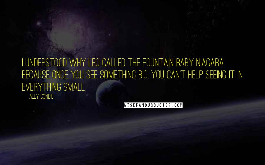 Ally Condie Quotes: I understood why Leo called the fountain Baby Niagara. Because once you see something big, you can't help seeing it in everything small.