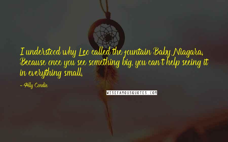 Ally Condie Quotes: I understood why Leo called the fountain Baby Niagara. Because once you see something big, you can't help seeing it in everything small.