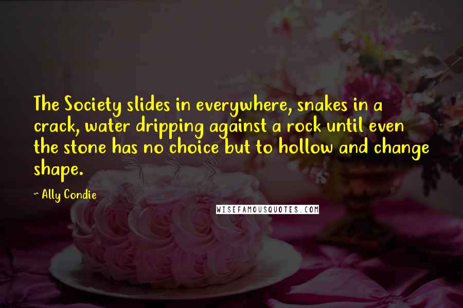 Ally Condie Quotes: The Society slides in everywhere, snakes in a crack, water dripping against a rock until even the stone has no choice but to hollow and change shape.