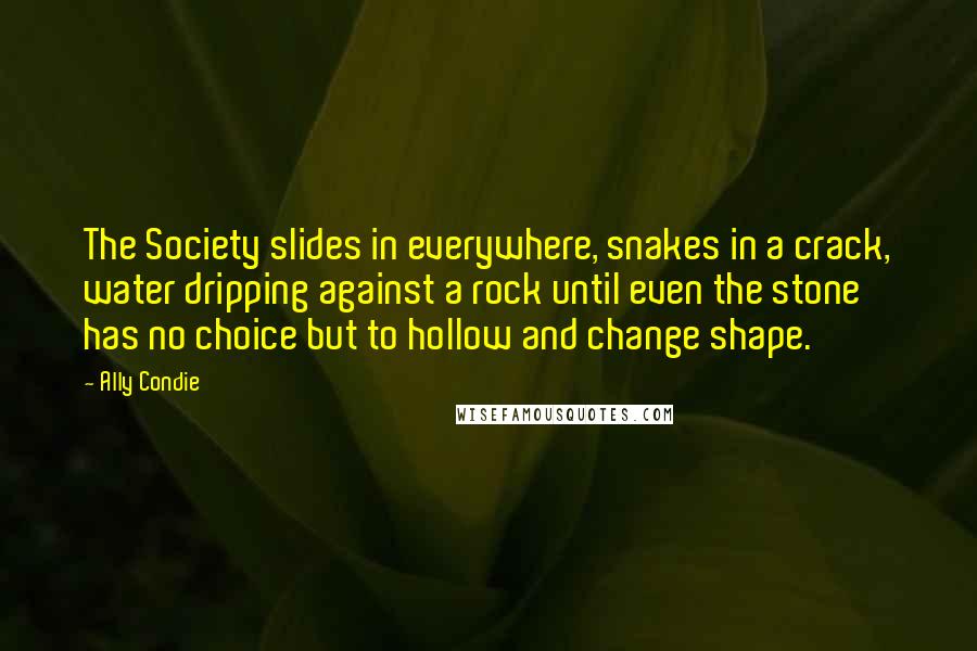 Ally Condie Quotes: The Society slides in everywhere, snakes in a crack, water dripping against a rock until even the stone has no choice but to hollow and change shape.