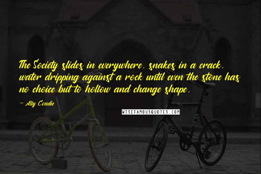 Ally Condie Quotes: The Society slides in everywhere, snakes in a crack, water dripping against a rock until even the stone has no choice but to hollow and change shape.