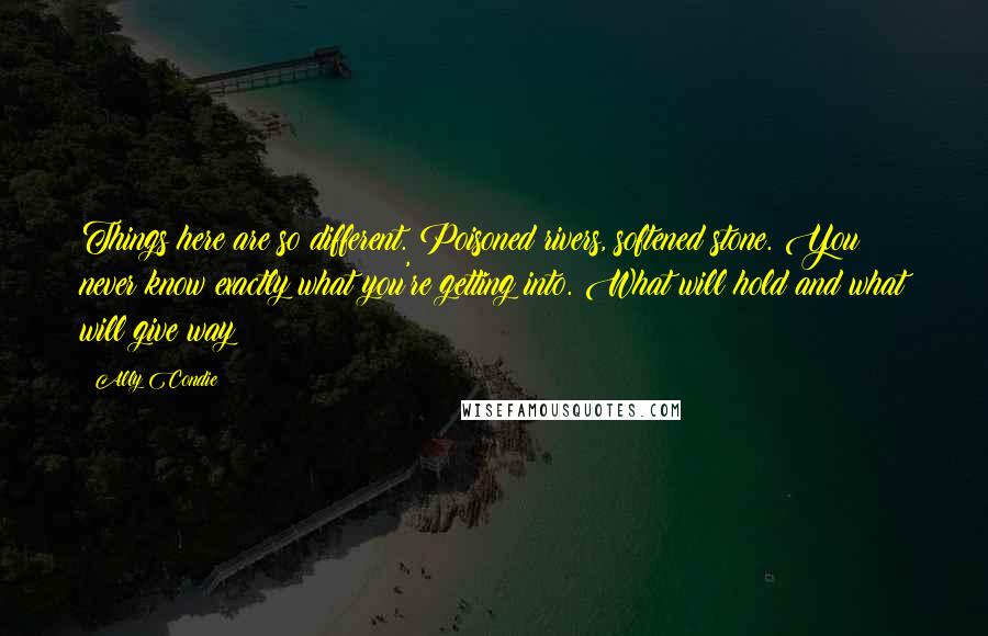 Ally Condie Quotes: Things here are so different. Poisoned rivers, softened stone. You never know exactly what you're getting into. What will hold and what will give way