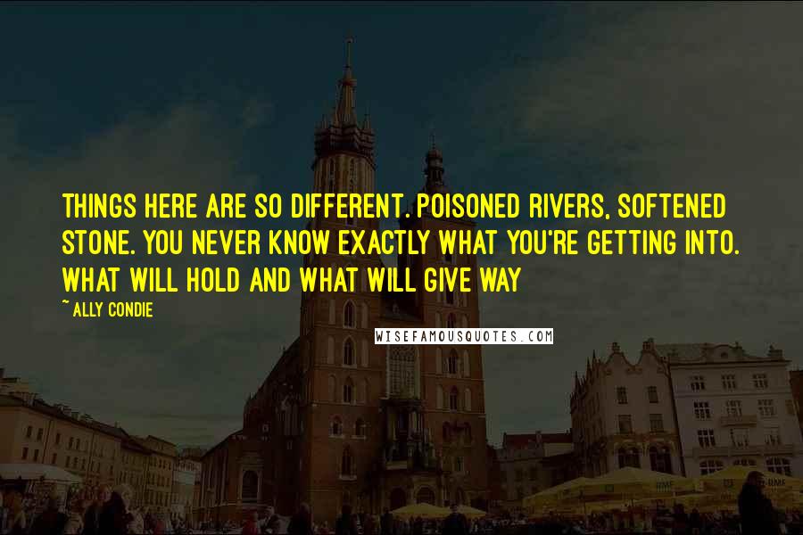 Ally Condie Quotes: Things here are so different. Poisoned rivers, softened stone. You never know exactly what you're getting into. What will hold and what will give way