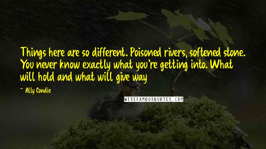 Ally Condie Quotes: Things here are so different. Poisoned rivers, softened stone. You never know exactly what you're getting into. What will hold and what will give way