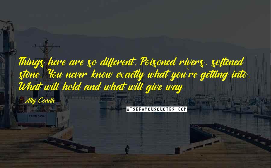 Ally Condie Quotes: Things here are so different. Poisoned rivers, softened stone. You never know exactly what you're getting into. What will hold and what will give way