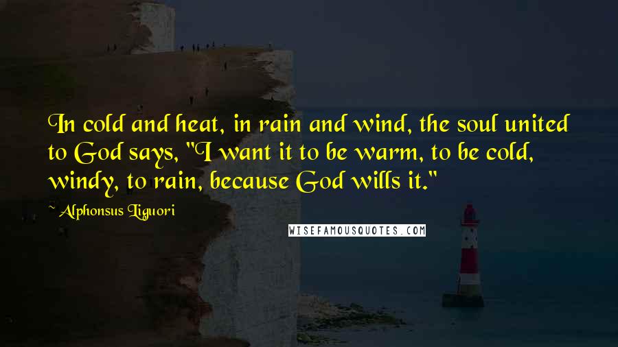 Alphonsus Liguori Quotes: In cold and heat, in rain and wind, the soul united to God says, "I want it to be warm, to be cold, windy, to rain, because God wills it."