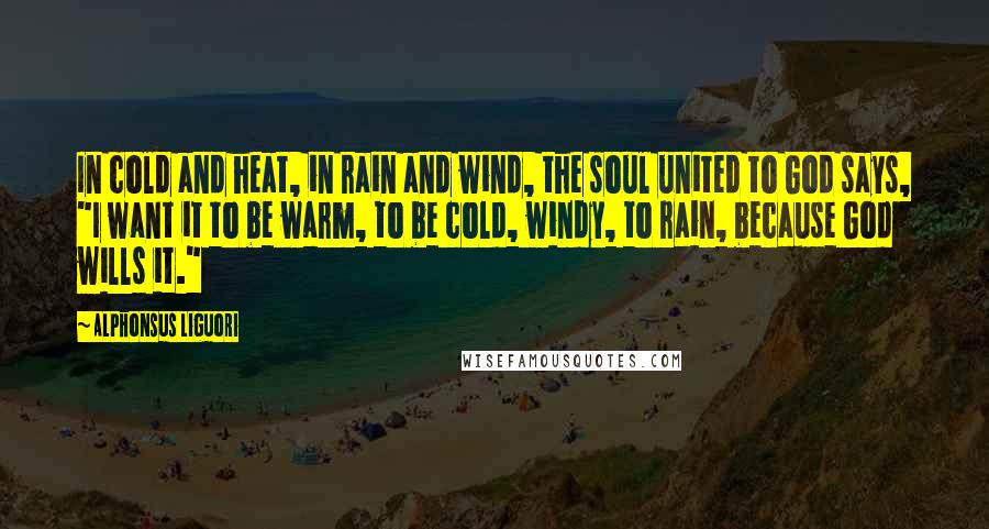 Alphonsus Liguori Quotes: In cold and heat, in rain and wind, the soul united to God says, "I want it to be warm, to be cold, windy, to rain, because God wills it."