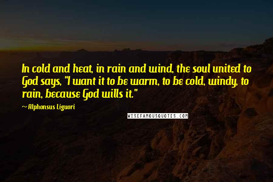 Alphonsus Liguori Quotes: In cold and heat, in rain and wind, the soul united to God says, "I want it to be warm, to be cold, windy, to rain, because God wills it."