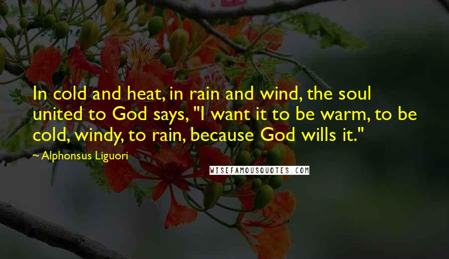 Alphonsus Liguori Quotes: In cold and heat, in rain and wind, the soul united to God says, "I want it to be warm, to be cold, windy, to rain, because God wills it."