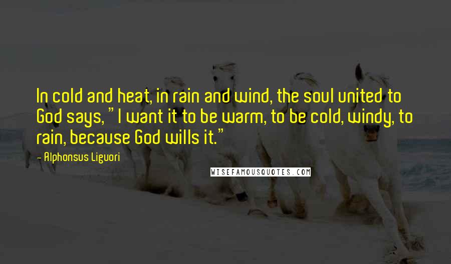 Alphonsus Liguori Quotes: In cold and heat, in rain and wind, the soul united to God says, "I want it to be warm, to be cold, windy, to rain, because God wills it."