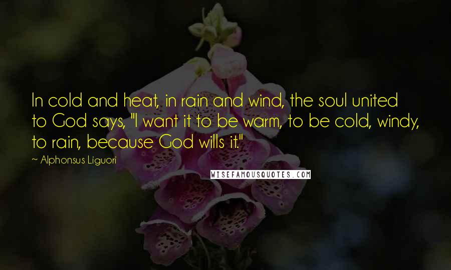 Alphonsus Liguori Quotes: In cold and heat, in rain and wind, the soul united to God says, "I want it to be warm, to be cold, windy, to rain, because God wills it."