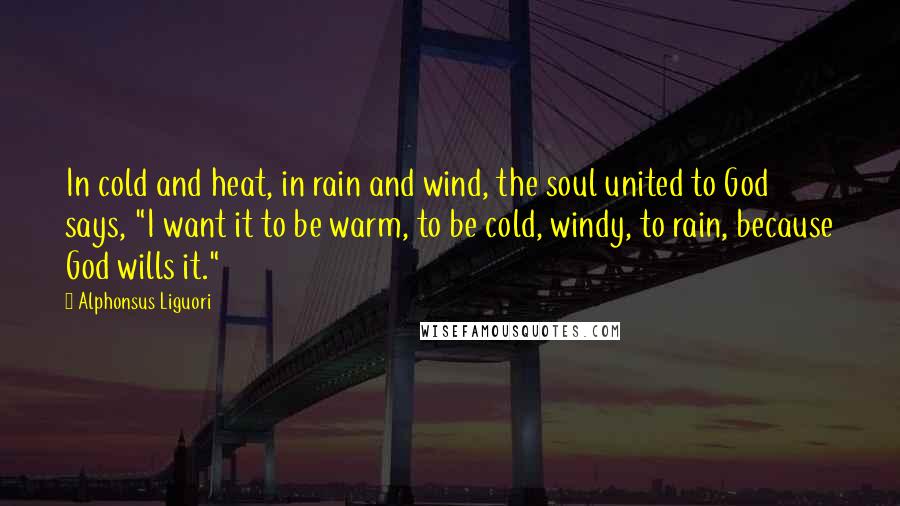 Alphonsus Liguori Quotes: In cold and heat, in rain and wind, the soul united to God says, "I want it to be warm, to be cold, windy, to rain, because God wills it."