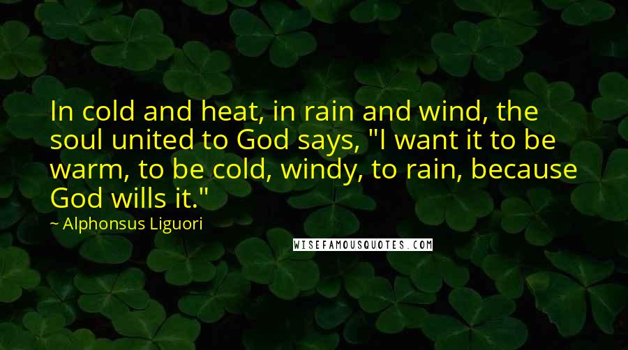 Alphonsus Liguori Quotes: In cold and heat, in rain and wind, the soul united to God says, "I want it to be warm, to be cold, windy, to rain, because God wills it."