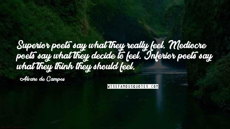 Alvaro De Campos Quotes: Superior poets say what they really feel. Mediocre poets say what they decide to feel. Inferior poets say what they think they should feel.