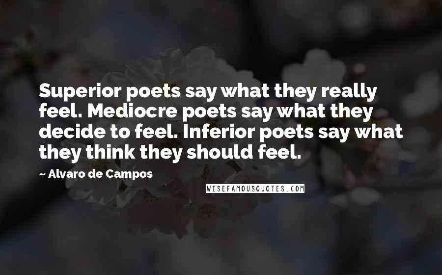 Alvaro De Campos Quotes: Superior poets say what they really feel. Mediocre poets say what they decide to feel. Inferior poets say what they think they should feel.