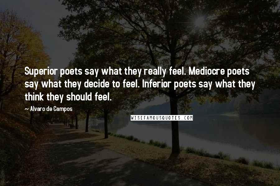 Alvaro De Campos Quotes: Superior poets say what they really feel. Mediocre poets say what they decide to feel. Inferior poets say what they think they should feel.