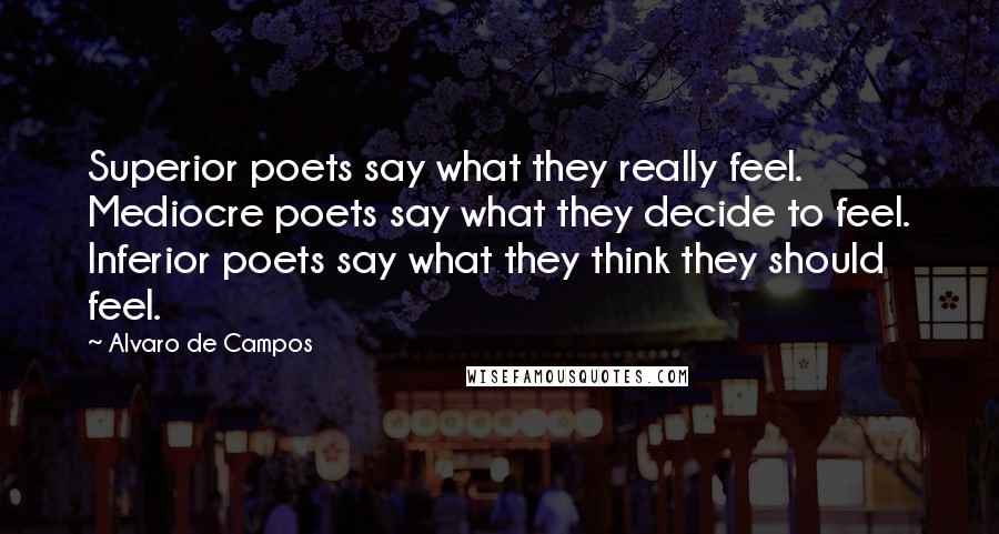 Alvaro De Campos Quotes: Superior poets say what they really feel. Mediocre poets say what they decide to feel. Inferior poets say what they think they should feel.