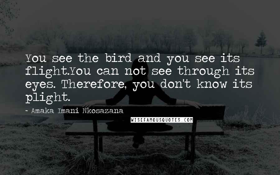 Amaka Imani Nkosazana Quotes: You see the bird and you see its flight.You can not see through its eyes. Therefore, you don't know its plight.