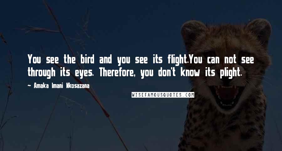 Amaka Imani Nkosazana Quotes: You see the bird and you see its flight.You can not see through its eyes. Therefore, you don't know its plight.