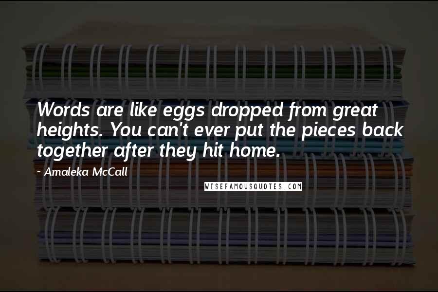 Amaleka McCall Quotes: Words are like eggs dropped from great heights. You can't ever put the pieces back together after they hit home.