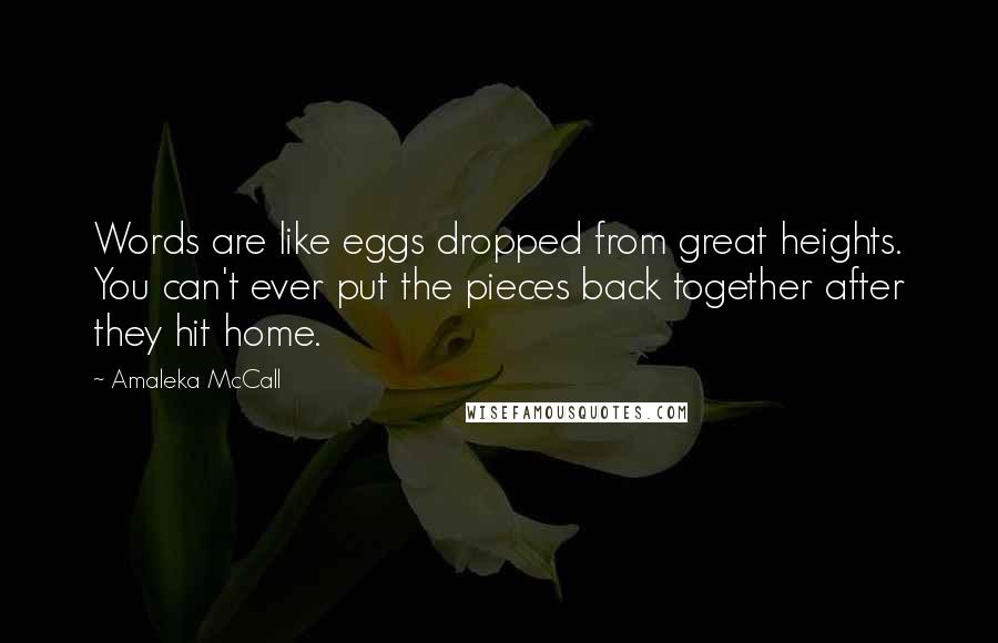 Amaleka McCall Quotes: Words are like eggs dropped from great heights. You can't ever put the pieces back together after they hit home.