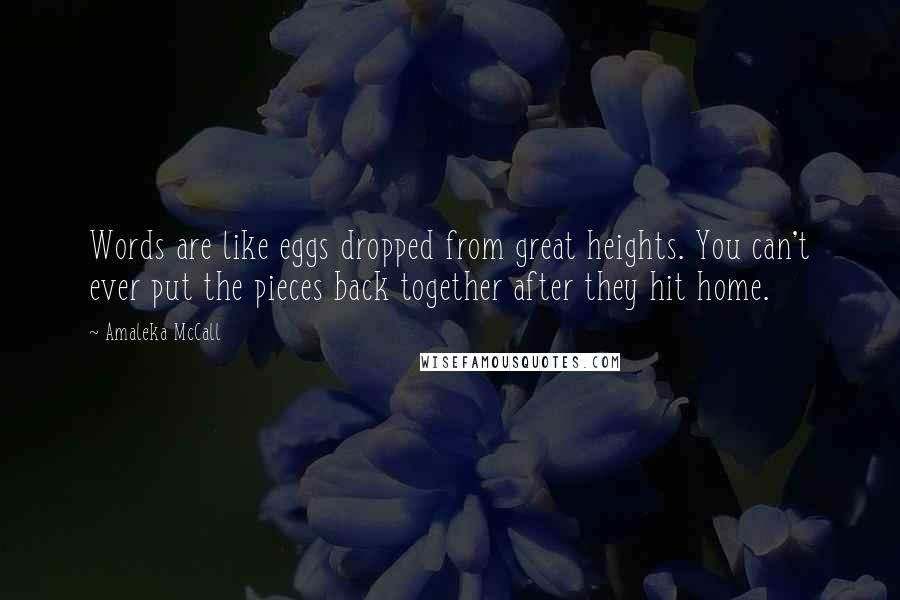 Amaleka McCall Quotes: Words are like eggs dropped from great heights. You can't ever put the pieces back together after they hit home.