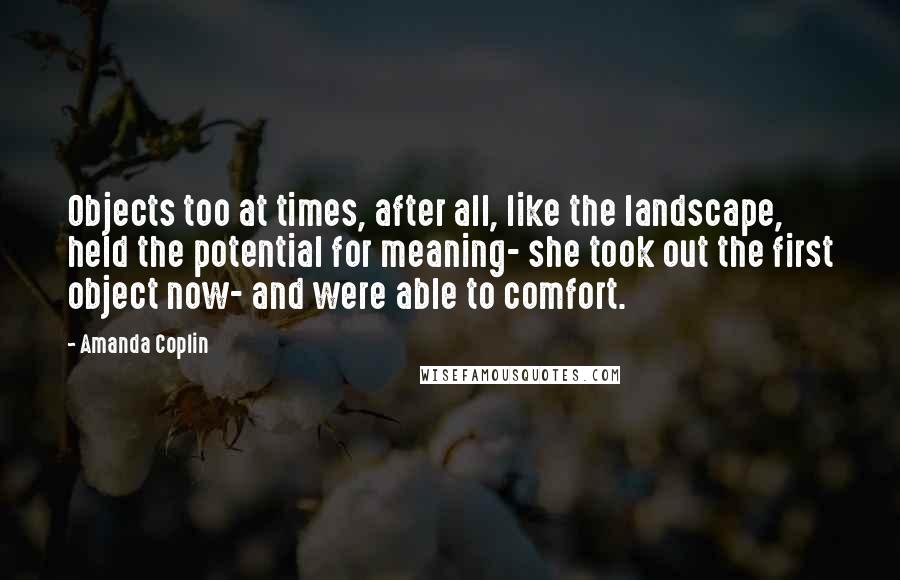 Amanda Coplin Quotes: Objects too at times, after all, like the landscape, held the potential for meaning- she took out the first object now- and were able to comfort.