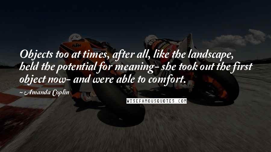 Amanda Coplin Quotes: Objects too at times, after all, like the landscape, held the potential for meaning- she took out the first object now- and were able to comfort.